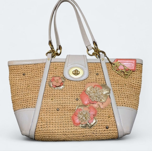 Coach Handbags - Coach Hampton Straw Tote Flower Appliqué Coral White Metallic Handbag 19347